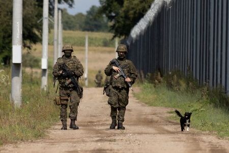 　７月４日、ポーランドはベラルーシとの国境の警備を強化するために、フィンランド、ドイツ、ギリシャの３カ国に国境警備や警察業務に当たる人員を派遣するよう求めている。写真はベラルーシとの国境を警備するポーランド兵らとイヌ。昨年８月撮影（２０２４年　ロイター/Kuba Stezycki）