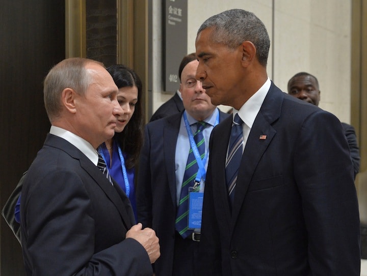 中国・杭州で開催されたG20サミット（9月4日）で対面するプーチン大統領とオバマ大統領　Sputnik/Kremlin/Alexei Druzhinin/via REUTERS