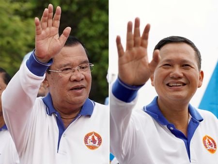 　カンボジアで７月２３日実施された下院選挙は、フン・セン首相（７０、写真左）率いる与党カンボジア人民党（ＣＰＰ）が圧勝を宣言した。フン・セン氏は２０日、長男のフン・マネット氏（右）が８月にも首相に就任する可能性があると述べた。１、２１日にそれぞれ撮影（２０２３年　ロイター/Cindy Liu）