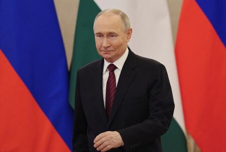 　ロシア国営通信社ＲＩＡが１２日報じたところによると、イラン政府の報道官は同国がプーチン・ロシア大統領（写真）の訪問に備えて準備を進めていると述べた。モスクワで１０日撮影（２０２５年　ロイター/Yuri Kochetkov）