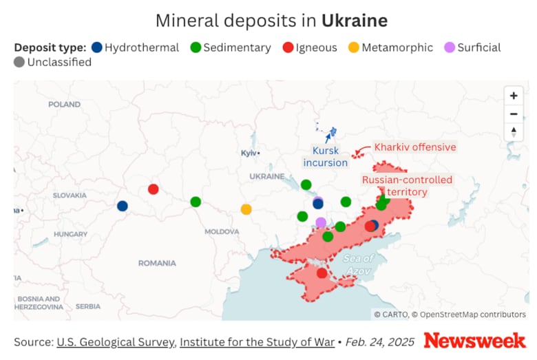 ウクライナの鉱物の鉱床。多くは赤く塗られたロシアの併合地にある