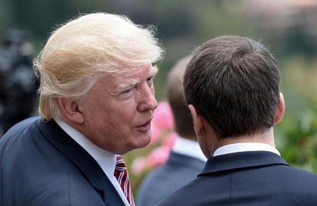 　５月２８日、トランプ米大統領（左）は、サウジアラビア訪問からＧ７サミットに至る初の外遊を終えて帰国の途に就いたが、この間同盟国側に相反する２つの顔を見せた。伊タオルミナで２６日代表撮影（２０１７年　ロイター）