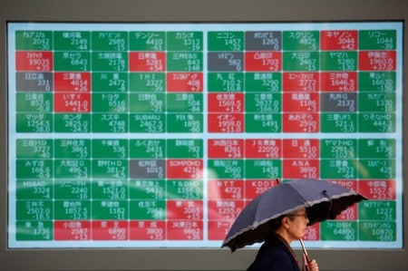 　１１月２７日、寄り付きの東京株式市場で、日経平均は前営業日比７９円５３銭高の２万３４５２円８５銭となり、 続伸してスタートした。写真は５月に都内株価ボード前で撮影（２０１９年　ロイター／Issei Kato）