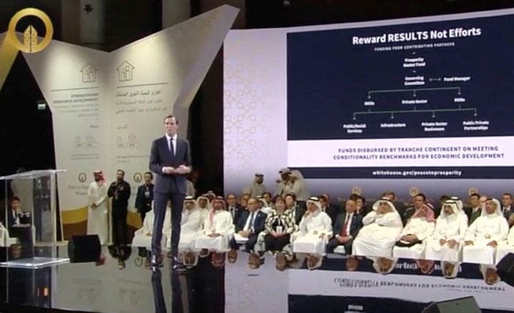 パレスチナ経済の潜在力をアピールし支援を呼び掛けるクシュナー（手前）。当のパレスチナは出席を拒否　 Peace And Prosperity conference Reuters TV/REUTERS