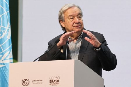 　１２月２日　国連のグテレス事務総長（写真）は１日、来年の通常予算の５億７７００万ドル削減と職員の１８％超削減を正式提案した。写真は１１月２０日、ブラジルのベレンで撮影（２０２５年　ロイター／Anderson Coelho）