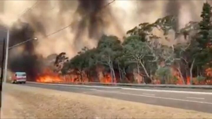 暑さで道路脇の森林に火が付いた（ニューサウスウェールズ州、12月21日）　NSW Rural Fire Service/REUTERS