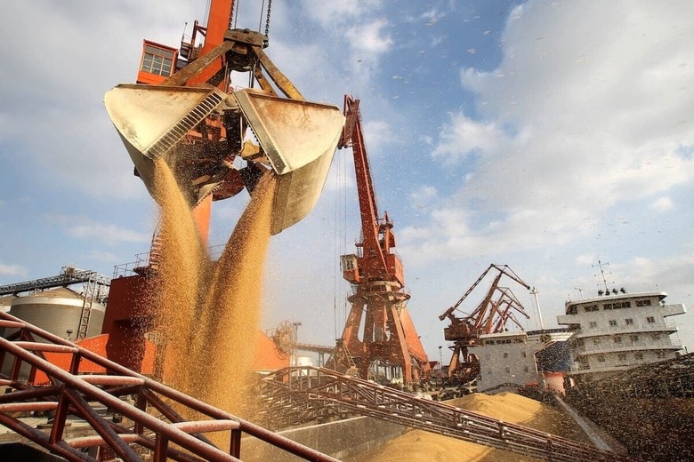 中国東部・江蘇省南通市の港で荷下ろしされた輸入大豆（2012年）　Oriental Image