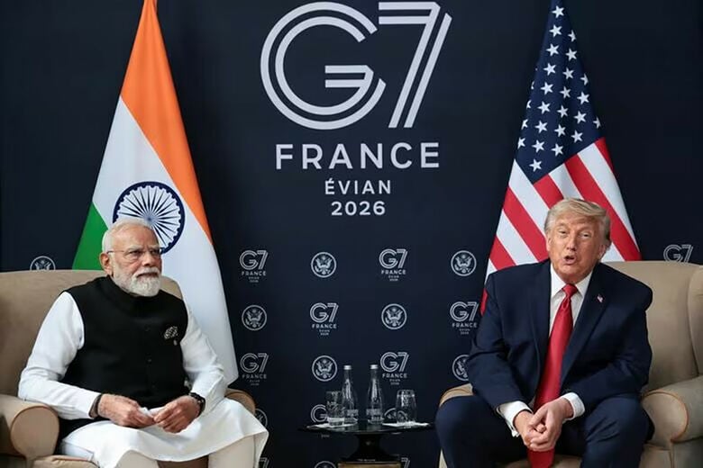 写真は米国のトランプ大統領とインドのモディ首相。2026年6月、フランス・エビアンで撮影。REUTERS/Evelyn Hockstein