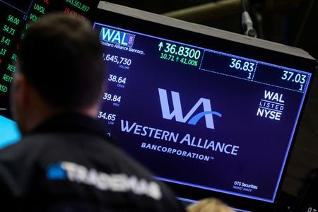 米カリフォルニア州を地盤とする銀行持ち株会社パックウエスト・バンコープ株が９日の取引で一時１０％超下落し、米地域金融機関株の全般的な下落を主導している。３月撮影（２０２３年　ロイター/Brendan McDermid）