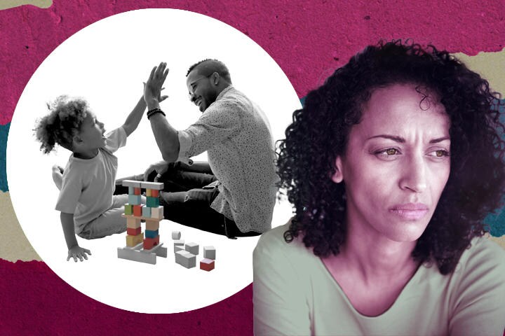 PHOTO ILLUSTRATION BY YUKAKO NUMAZAWA, PHOTOS BY laflor-iStock(WOMAN), fizkes-iStock(FATHER and SON)