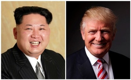 ５月１６日、トランプ米大統領（右）は、来月開催予定の北朝鮮の金正恩朝鮮労働党委員長（左）との首脳会談の実現が不透明な情勢になっていることを認めたが、朝鮮半島の非核化を主張は続けるとの立場を示した。金氏の写真は２０１６年１０月ＫＣＮＡ提供。トランプ氏はニューヨークで２０１６年５月撮影（２０１８年　ロイター/KCNA /Lucas Jackson）