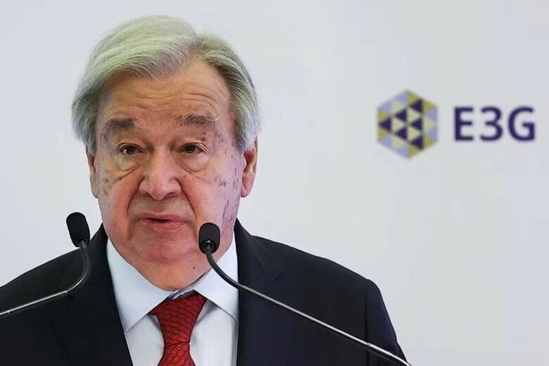 国連のグテレス事務総長。2026年6月24日、英ロンドンで講演する様子　 REUTERS/Guglielmo Mangiapane