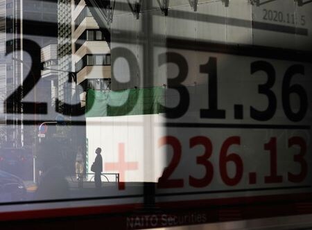 前場の東京株式市場で、日経平均は前営業日比１５５円９１銭安の２万７４１２円２４銭となり、反落。米国株安が気にされたほか、前日の大幅上昇の反動が懸念され、模様眺めの展開となった。写真は株価ボードに映る男性。東京で１１月撮影。（2020年 ロイター/Kim Kyung-Hoon ）