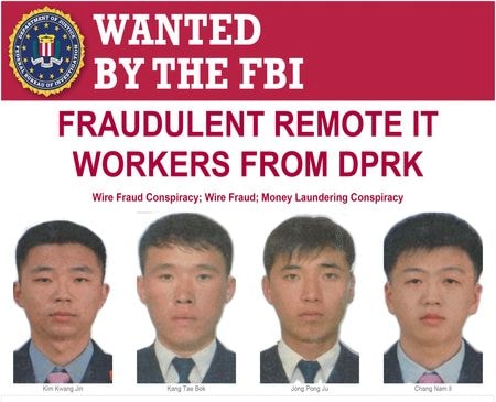 米司法省と米連邦捜査局（ＦＢＩ）は３０日、米企業で得たリモートのＩＴ（情報技術）職を利用して大規模なハッキングを行ったとして北朝鮮人グループを摘発し、２人を起訴し、うち１人を逮捕したと発表した。写真は６月３０日公開（２０２５年　FBI/Handout via REUTERS）