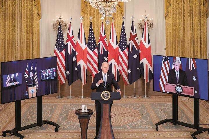 米英豪はインド太平洋における新たな3カ国同盟を発表（9月15日）　WIN MCNAMEE/GETTY IMAGES