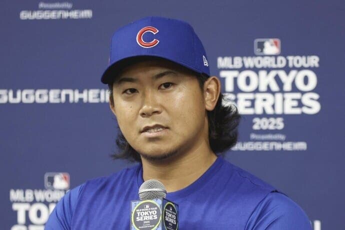 3月17日、東京ドームで記者会見に臨んだカブスの今永昇太　写真：主催者提供