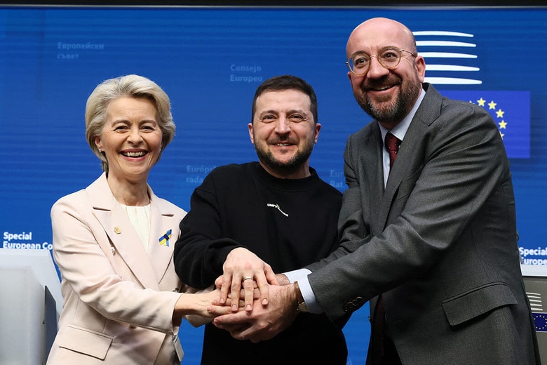 EU首脳会議出席のためベルギーを訪問したゼレンスキー大統領（2月9日）　Yves Herman-REUTERS