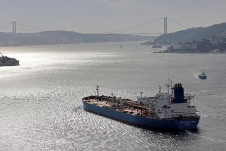 アジア時間の原油先物は上昇。写真は、トルコ・イスタンブール沖を航行する原油タンカー。２０２２年１２月１２日に撮影。（２０２３年　ロイター／Yoruk Isik）