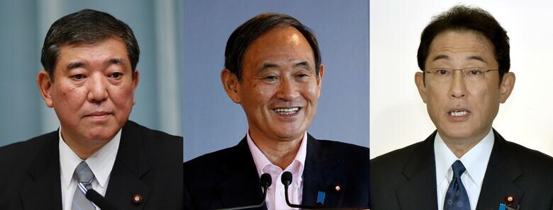 ９月８日　安倍晋三首相の辞任表明に伴う自民党総裁選が午前告示され、石破茂元幹事長、菅義偉官房長官と岸田文雄政調会長が立候補を届け出た。REUTERS/Yuya Shino/Kim Kyung-Hoon/Katsumi Kasahara