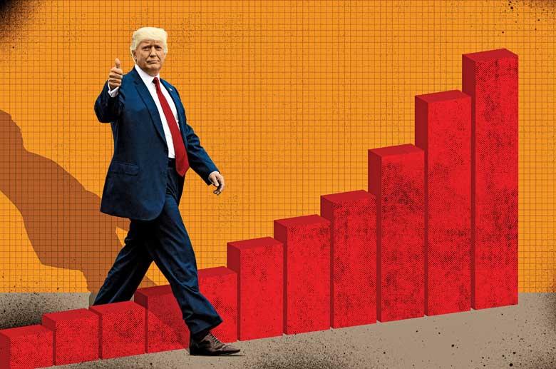 ILLUSTRATION BY GLUEKIT, RICKY CARIOTI-THE WASHINGTON POST/GETTY IMAGES (TRUMP), CAROLINE TOMLINSON-IKON IMAGES/GETTY IMAGES (GRAPH)