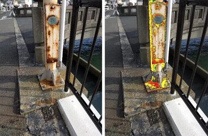 AI判定画面の例。実際の写真(左)とAI画像解析によってさびや穴を検出した画像（同右）　※新居浜市、八幡浜市で撮影されたものではありません　写真提供：パナソニックEW社