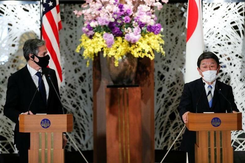 茂木敏充外相は、日米外務・防衛担当閣僚による安全保障協議委員会（2プラス2）後の記者会見で「中国による既存の国際秩序に合致しない行動は、様々な課題を提起しているとの認識で一致した」と述べた。都内の飯倉公館で撮影（2021年　ロイター/Kim Kyung-Hoon）