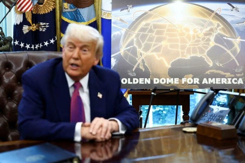トランプ米大統領は２０日、次世代ミサイル防衛システム「ゴールデン・ドーム」の設計を選定し、同プロジェクトの主任プログラムマネージャーに米宇宙軍作戦副司令官のマイケル・グートライン将軍を任命したと発表した。同日撮影（２０２５年　ロイター/Kevin Lamarque）