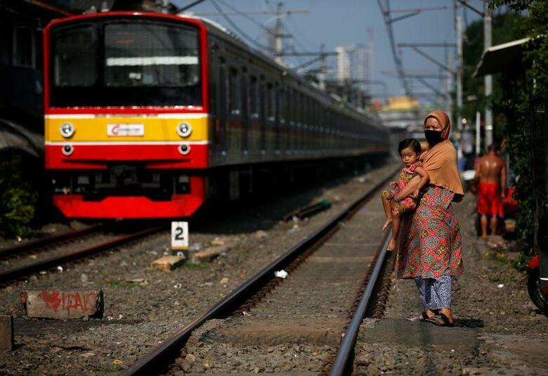 インドネシア政府は、新型コロナウイルスの感染拡大を防ぐため、公共交通機関の利用制限を発表した。写真はジャカルタで、線路のわきに立つ親子（２０２０年　ロイター/Willy Kurniawan）